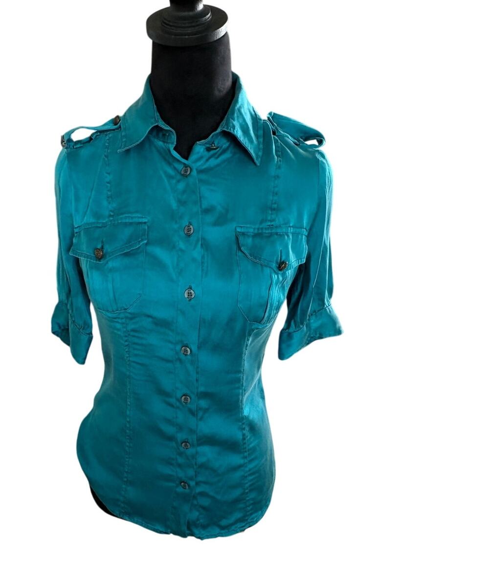Just Cavalli Teal Satin Military Shirt IT 40 US 4 Made in Italy Y2K Blouse